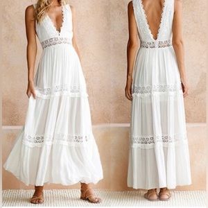 Mable White Plunging V Neck Sleeveless Lace Inserts Maxi Dress